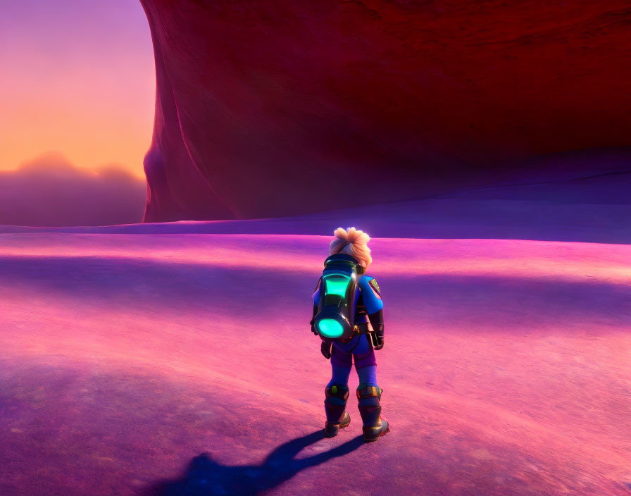 Blond-Haired Character with Blue Backpack on Purple Sand with Giant Rock Formation at Sunset
