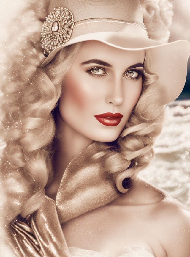 Vintage Glamorous Woman in Sepia Tones with Wavy Hair and Off-Shoulder Garment
