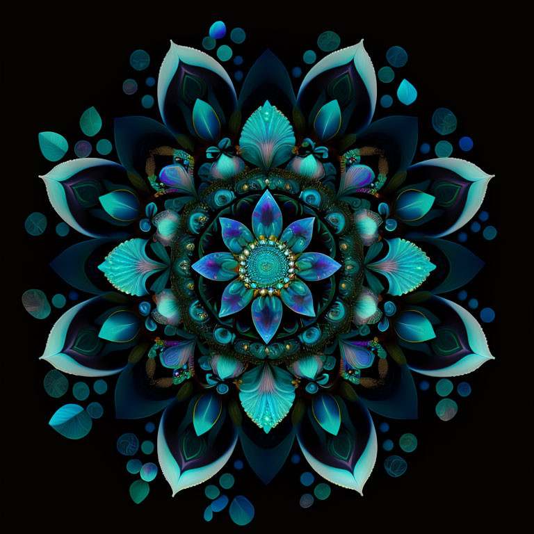 Symmetrical Multilayered Fractal Flower in Blue, Green, and Purple