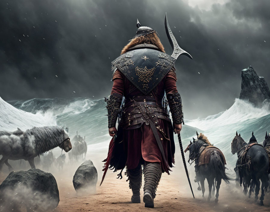 Viking warrior with axe, horses, and wolves by stormy sea