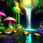 Enchanting forest scene with oversized mushrooms and vibrant plants