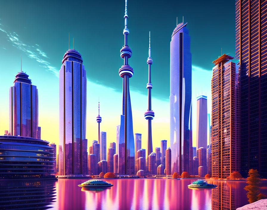 Futuristic cityscape with sleek skyscrapers and spire-topped towers reflecting on tranquil water