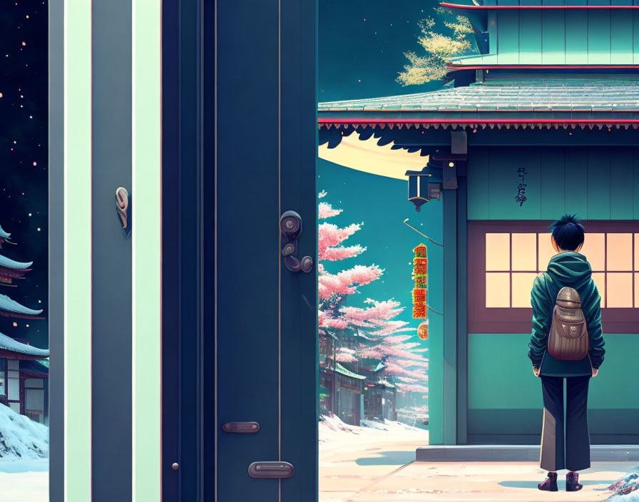 Person with backpack gazes at traditional building with cherry blossoms in serene snowy scene