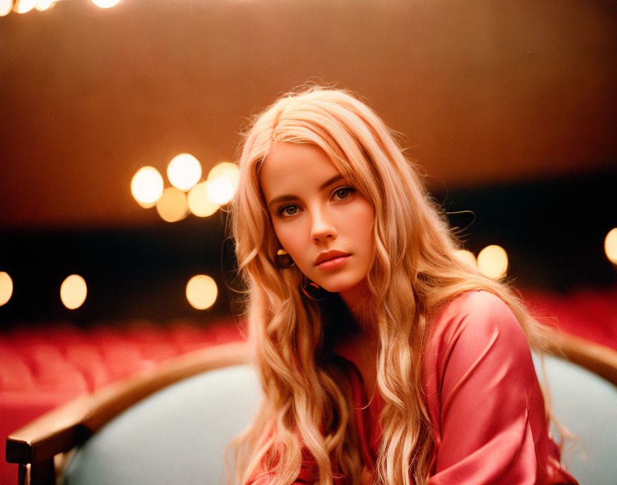 Blonde Woman in Pink Blouse Seated in Theatre under Warm Lighting
