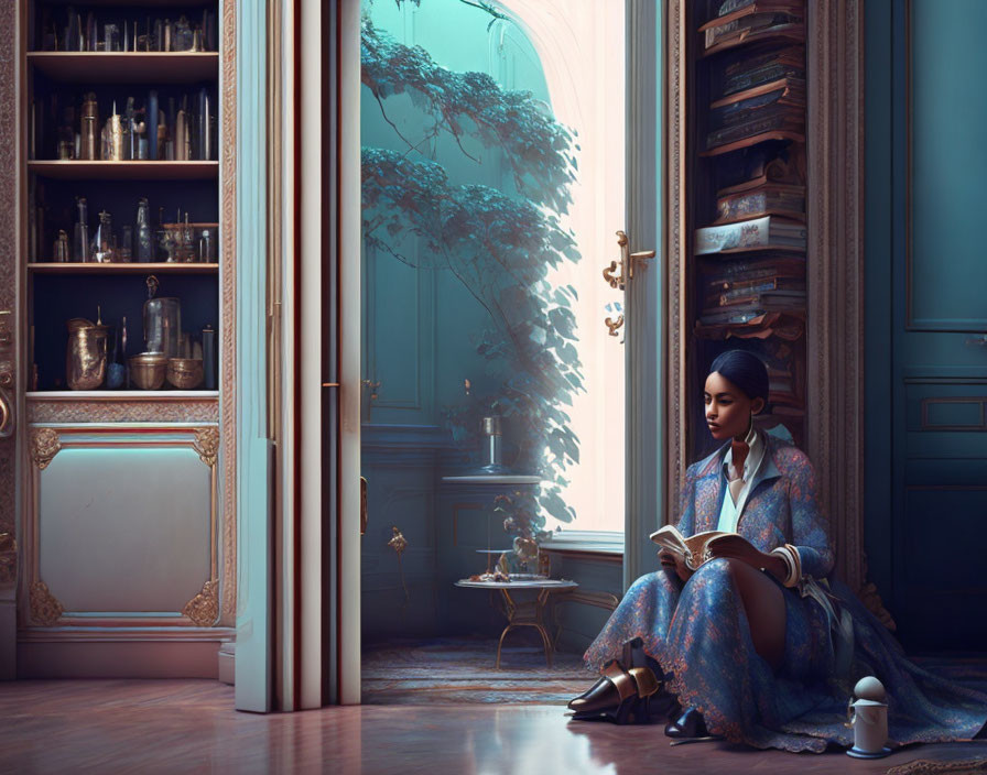 Person in blue dress reading by open door in sunlit room with classic decor.