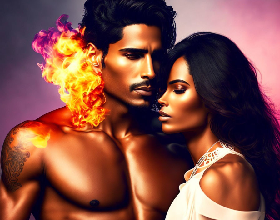 Digital Illustration of Shirtless Man and Woman with Fiery Mane and Tattoos