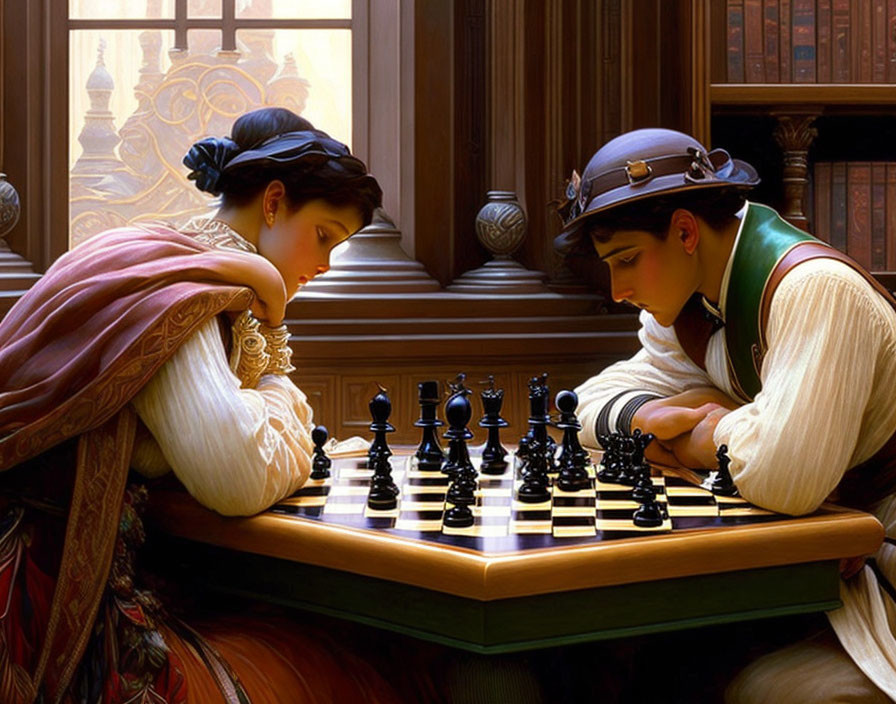 Historical man and woman play chess in ornate room with sunlight.