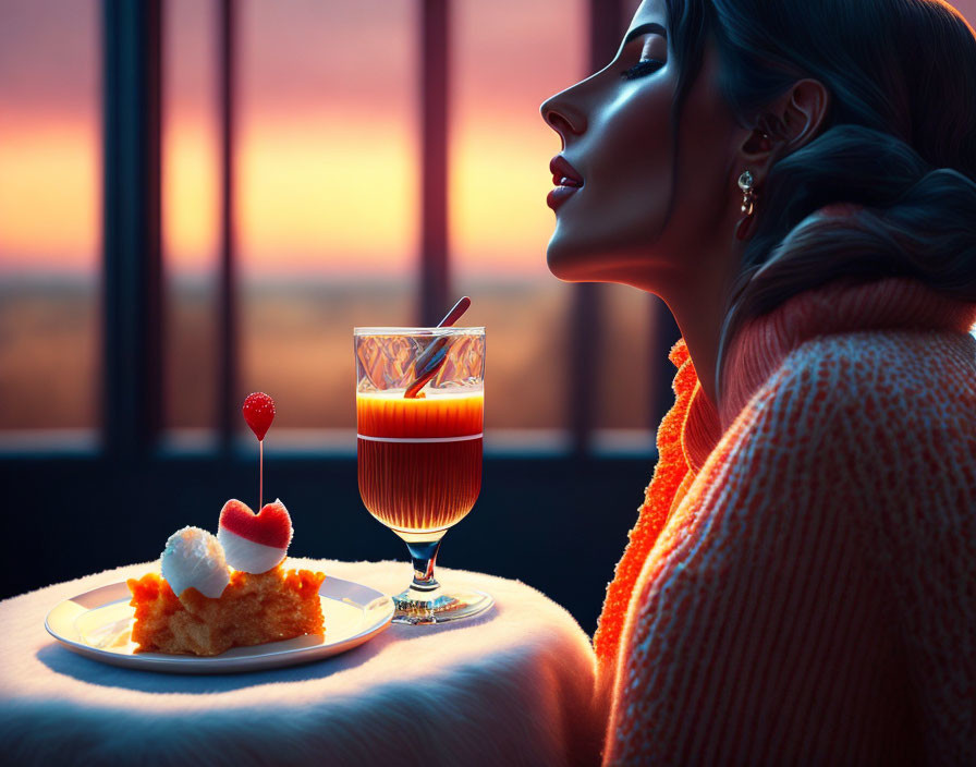 Woman in Orange Sweater Watching Sunset with Drink and Heart-Shaped Cake