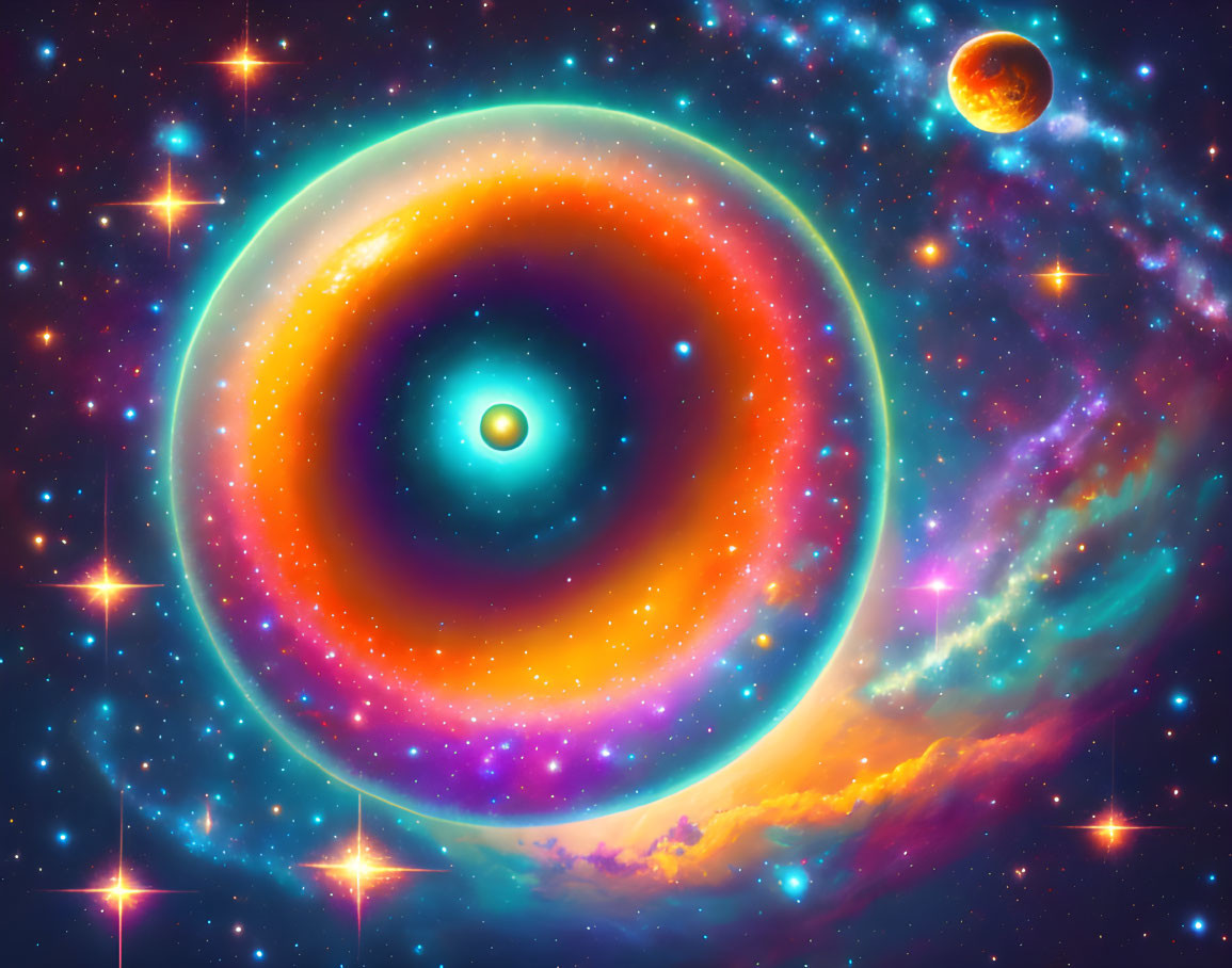 Colorful Cosmic Scene with Glowing Sphere, Rings, Stars, Nebulae, and Planet