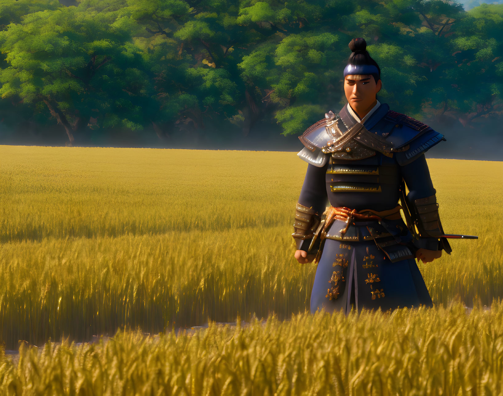 Traditional armored warrior in golden field with dense trees - historical or fantasy setting