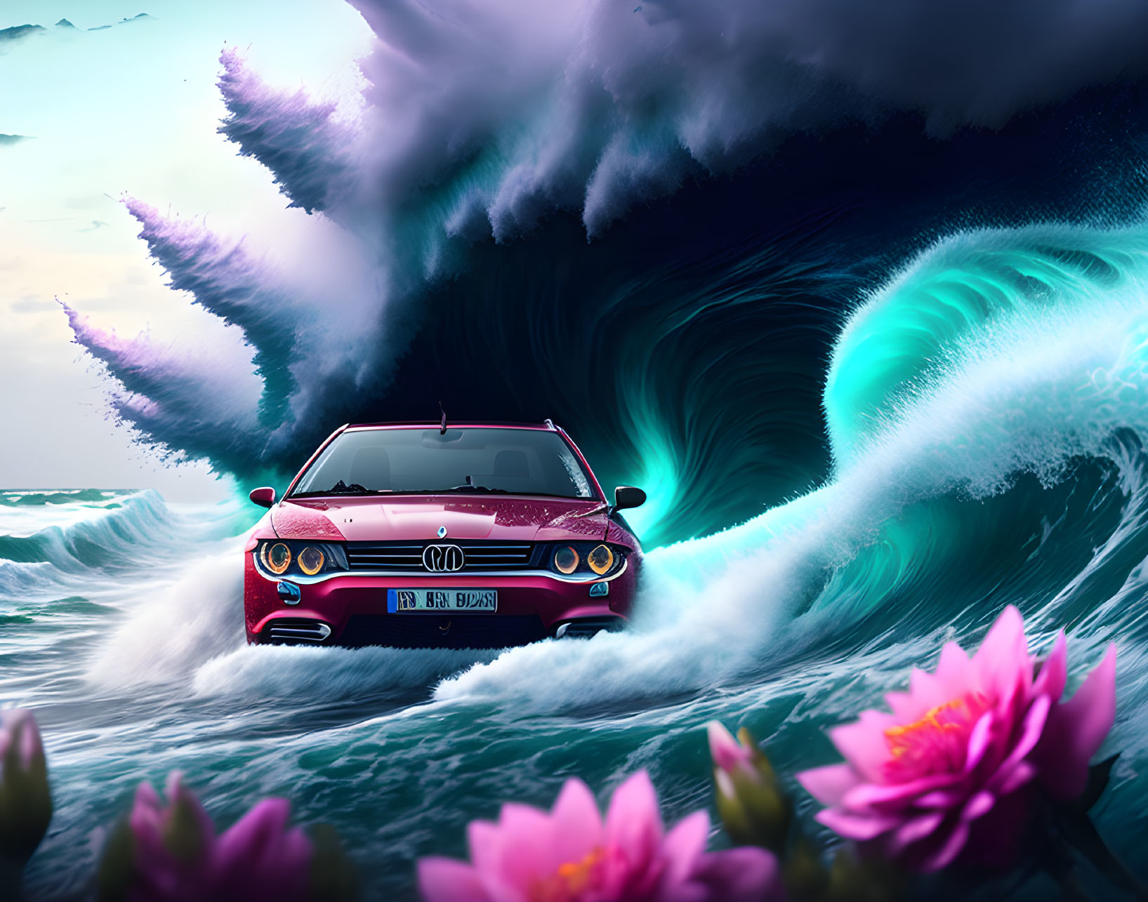 Red Car Speeding Through Fantastical Landscape with Turquoise Waves and Pink Flowers