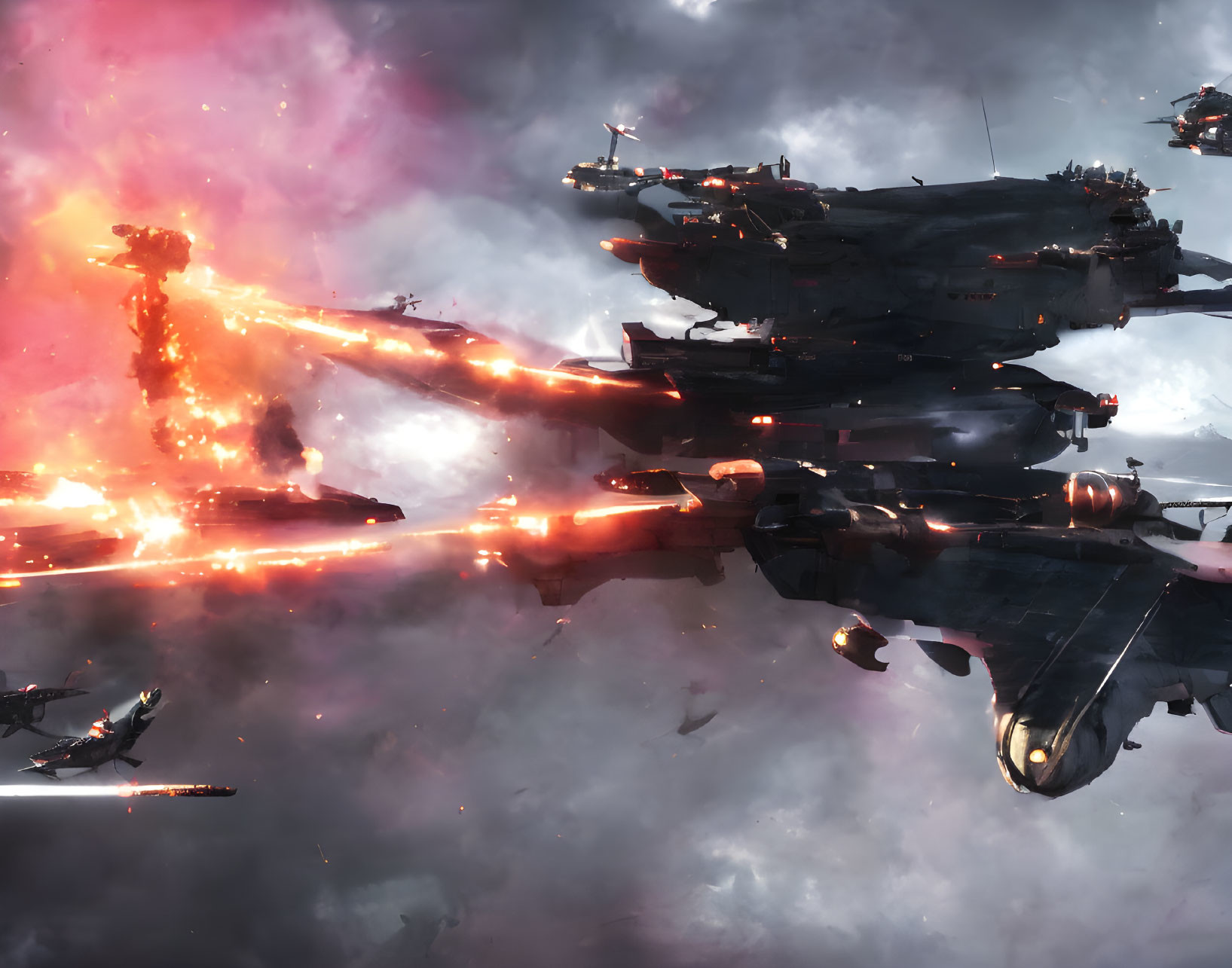 Futuristic spaceships in fiery battle with orange and red explosions