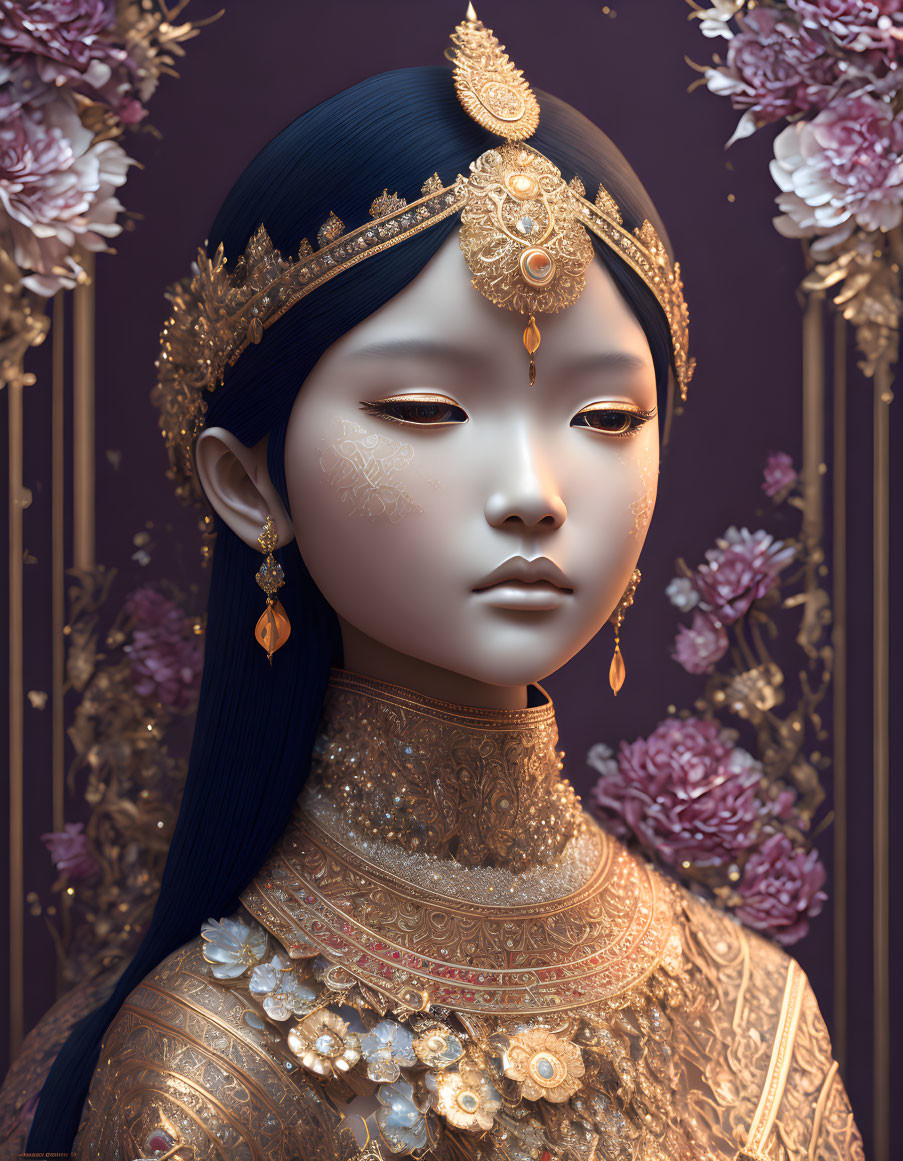 Digital artwork: Woman adorned in gold jewelry with pink flowers