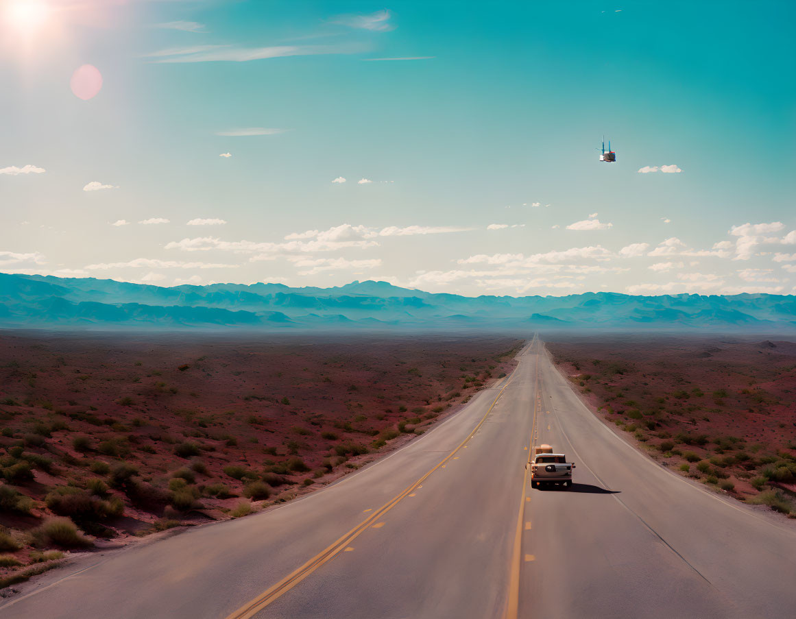 Desert highway scene with lone vehicle, mountains, and hovering object