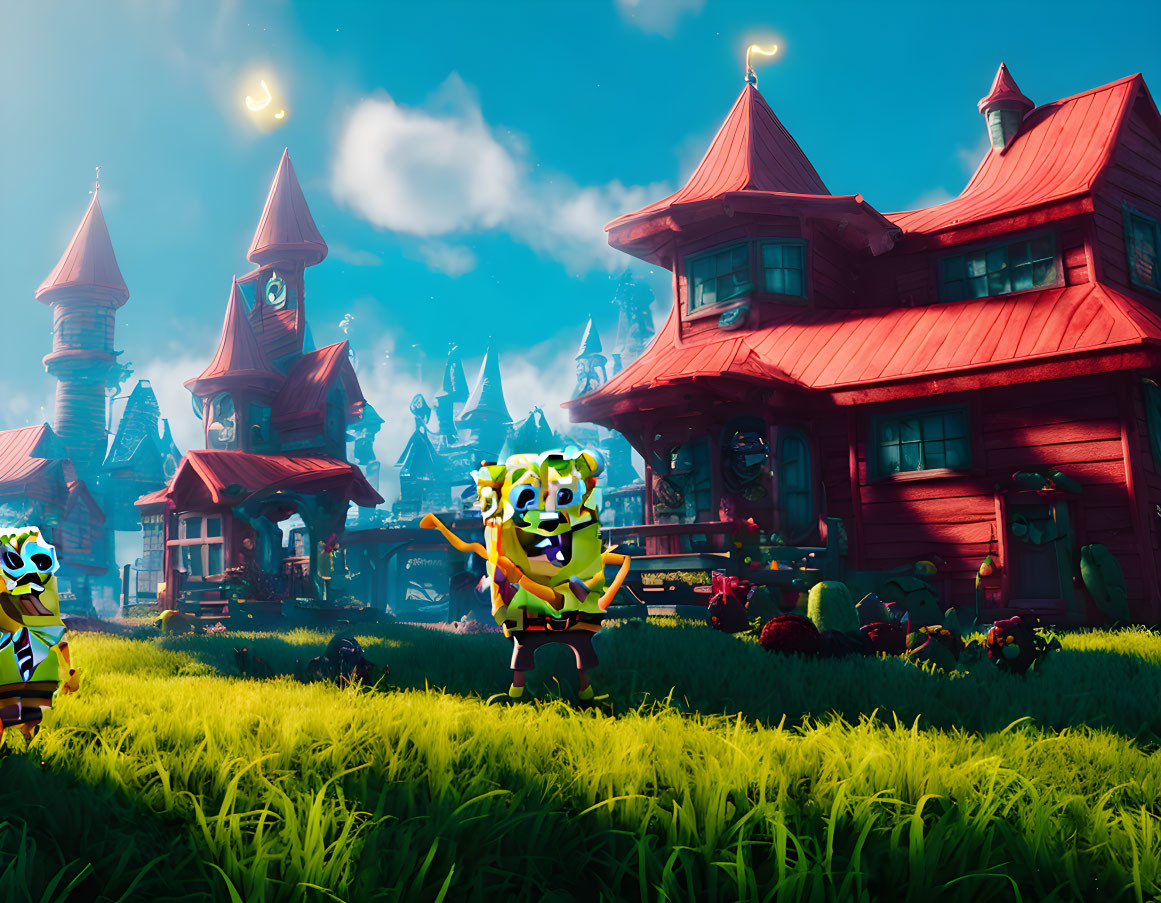 Colorful 3D SpongeBob in whimsical field with red-roofed houses