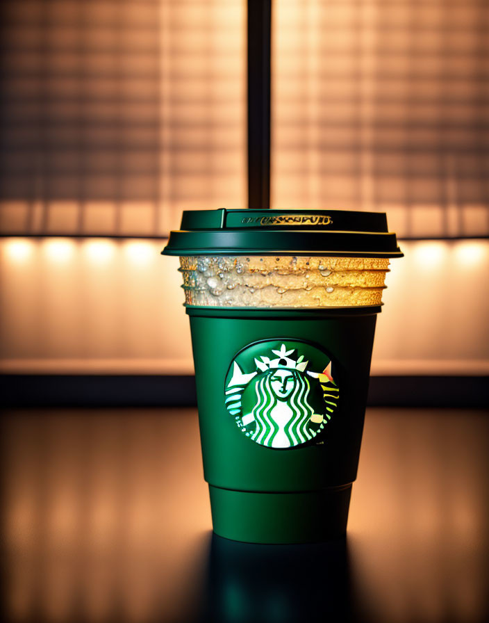 Starbucks cup with green lid under warm light against blurred window blind background