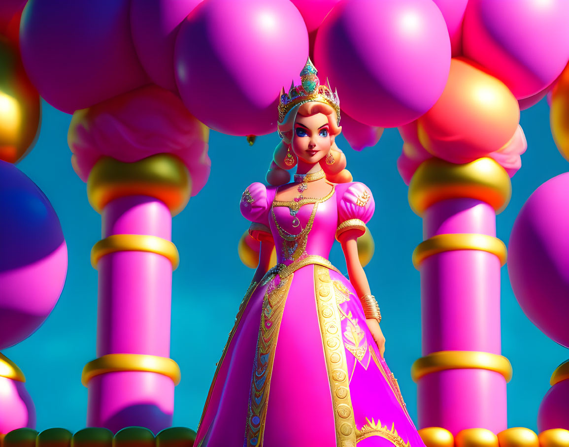 3D animated princess in pink dress with green tiara and colorful pillars