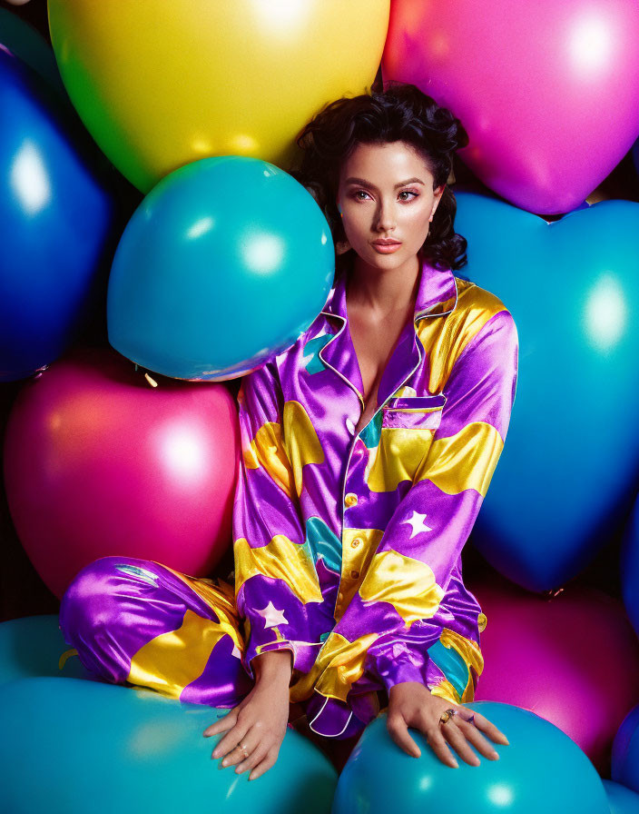 Colorful Satin Pajama Outfit Portrait with Vibrant Balloons