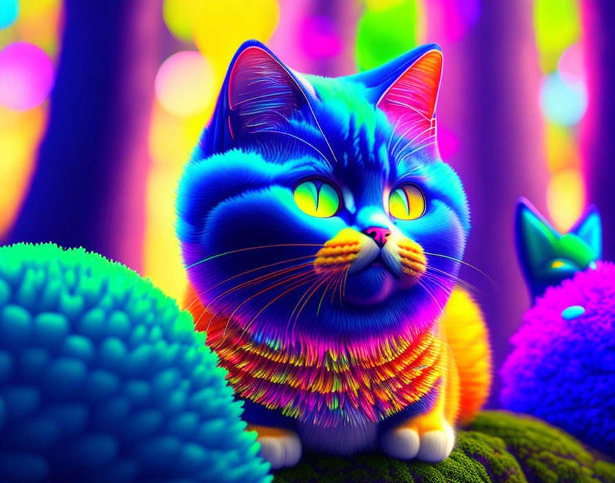 Colorful Cartoon Cat Art in Neon Fantasy Environment