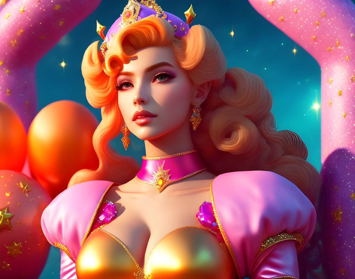 Stylized 3D illustration of woman with golden hair in cosmic outfit