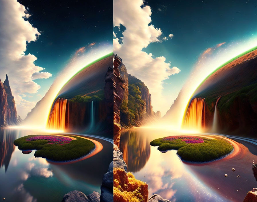 Scenic digital artwork: rainbow over waterfall, lake, cliffs, starry sky