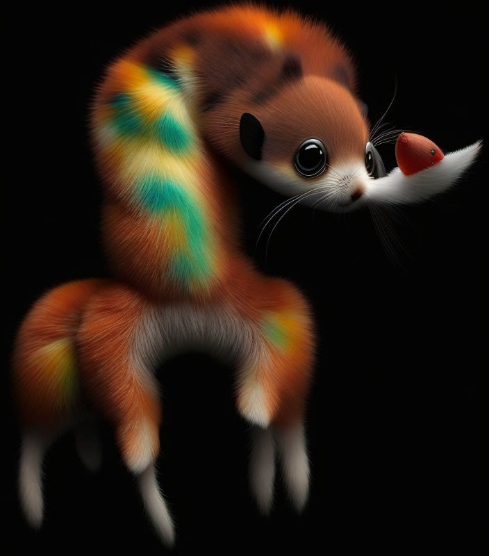 Colorful Fluffy Creature with Round Eyes on Black Background