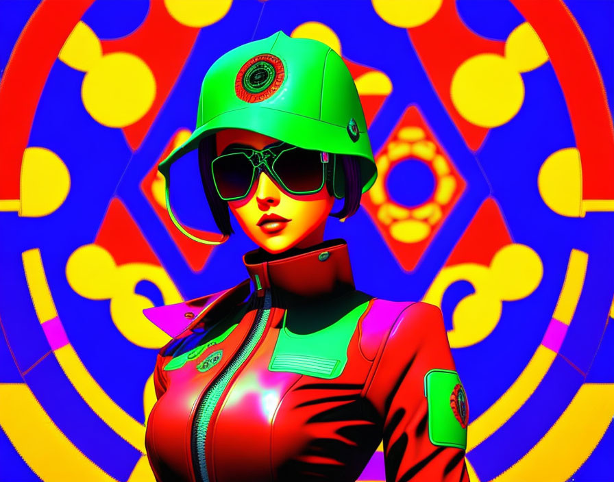 Vibrant digital artwork featuring stylish woman in green helmet and red suit