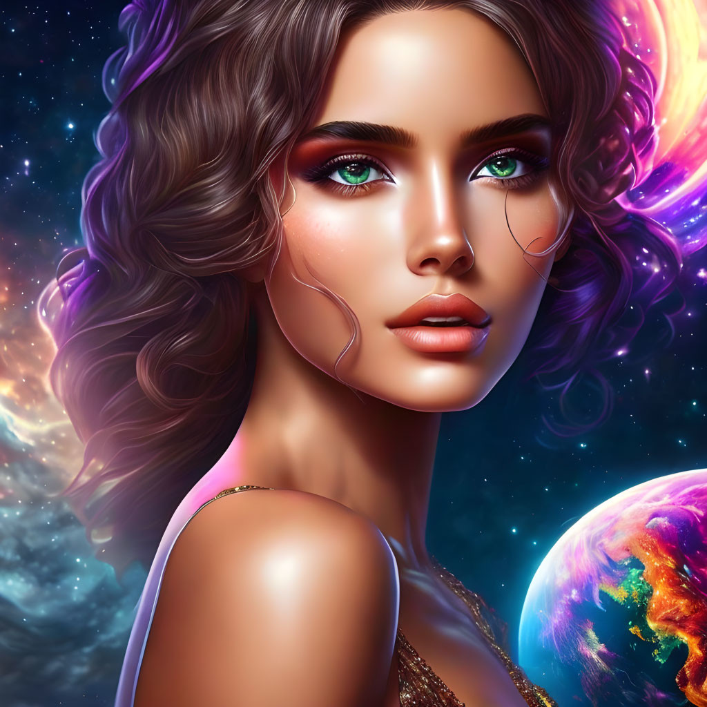 Digital portrait of woman with green eyes, wavy hair, cosmic makeup, against space backdrop.