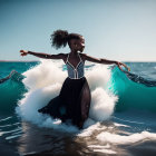 Woman in White and Black Dress Standing in Waves with Blue Ocean and Clear Sky