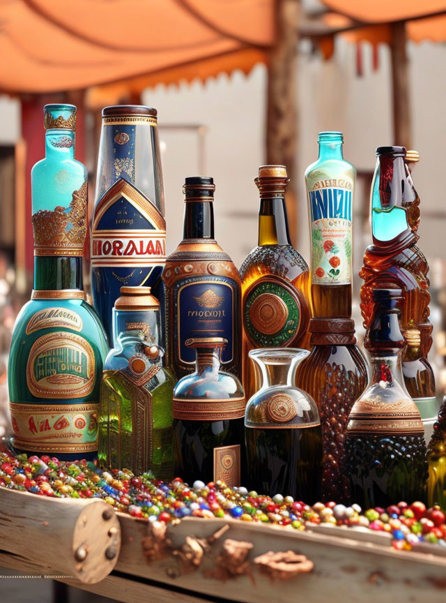 Assorted decorative liquor bottles on wooden table with colorful beads