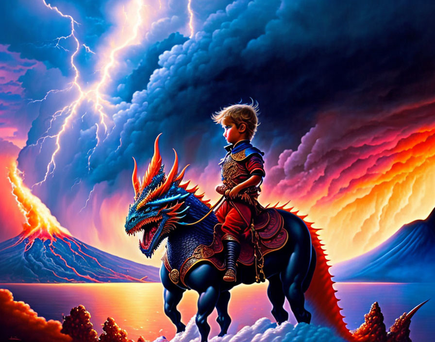 Young boy in medieval armor rides blue dragon in dramatic landscape with lightning and volcanoes
