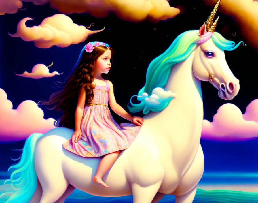 Young girl in pink dress riding unicorn with golden horn and blue mane under cloudy sky