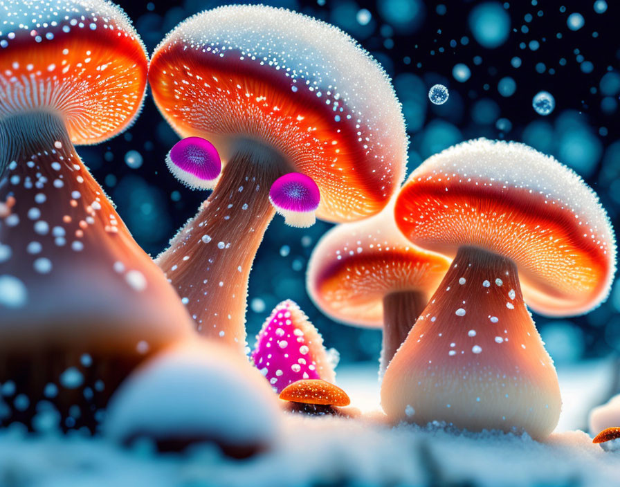 Vibrant Glowing Mushrooms with Dewdrops on Snowy Bokeh Background