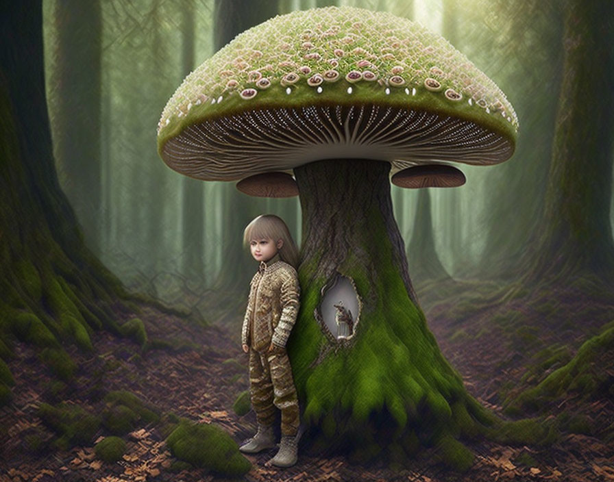 Child in Camouflage Outfit by Giant Mushroom in Mystical Forest
