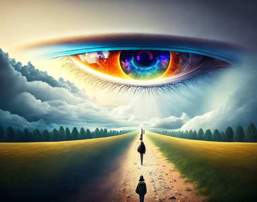 Surreal landscape with giant eye in sky above symmetrical fields and person walking towards distant galaxy