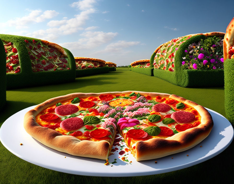 Surreal landscape with giant pepperoni pizza on plate in grassy fields