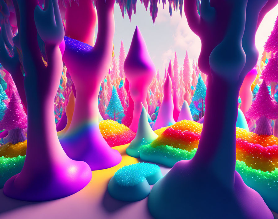 Colorful digital artwork: whimsical forest with neon trees, glittery landscape, purple sky.
