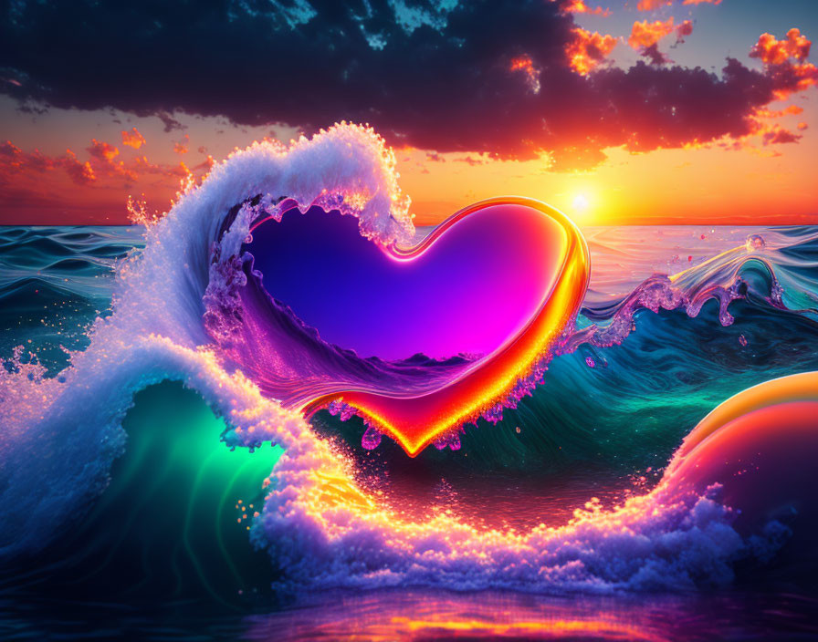 Vibrant Ocean Sunset: Heart-shaped Wave Artwork