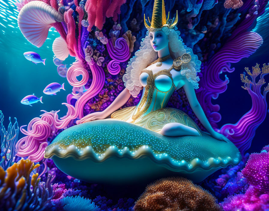 Colorful Underwater Scene with Mythical Mermaid-Like Creature