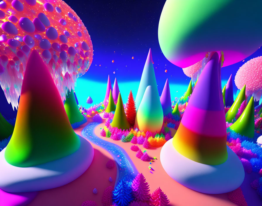 Colorful cone-shaped trees in fantastical landscape with glowing oversized tree-like entity