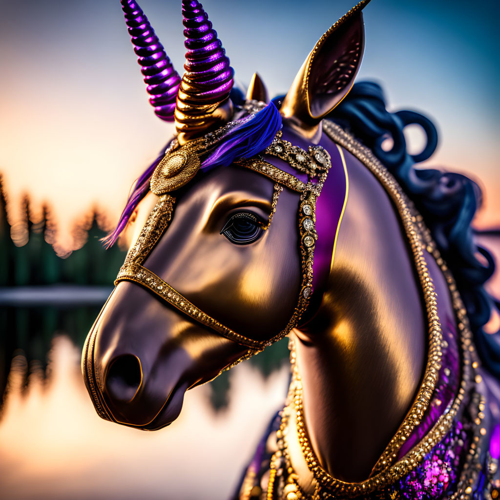 Colorful carousel unicorn with purple mane and golden bridle in sunset backdrop