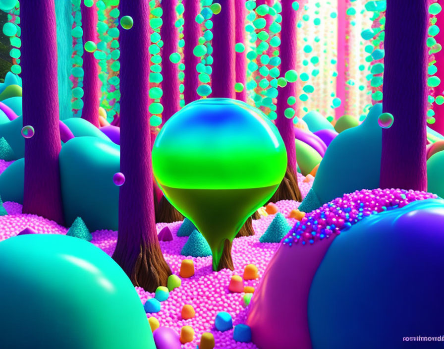 Vibrant fantasy forest with glossy orbs and textured trees