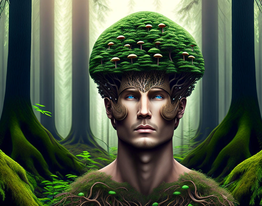 Surreal illustration of person with forest head in enchanted background