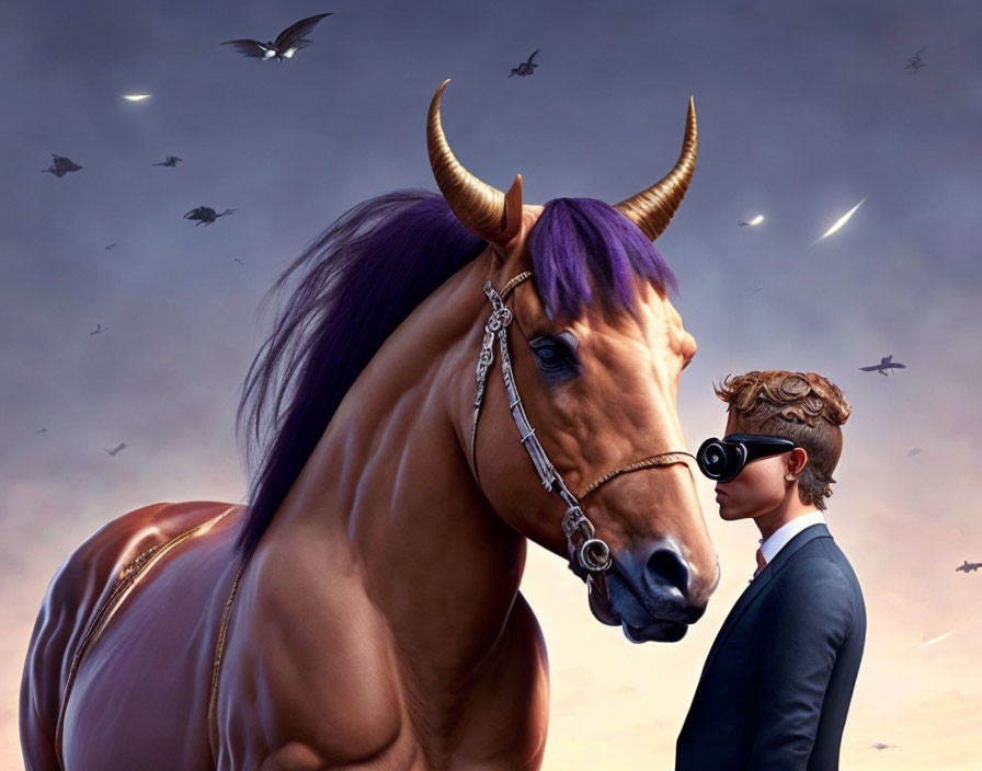 Surreal image: Man in suit with aviator goggles and majestic unicorn-like horse under dramatic sky