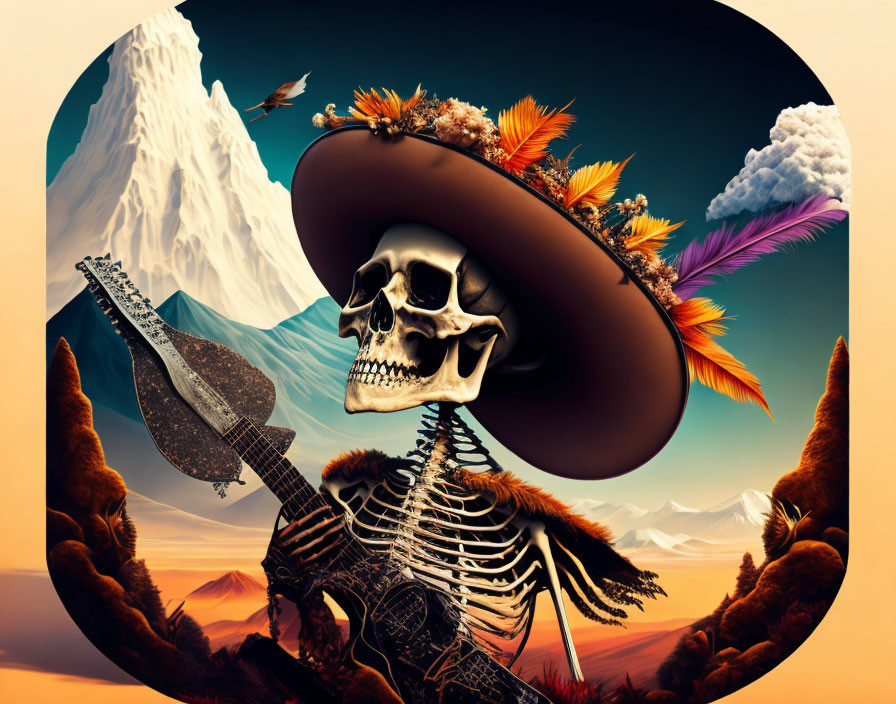 Skeleton in Sombrero with Guitar in Surreal Desert Landscape