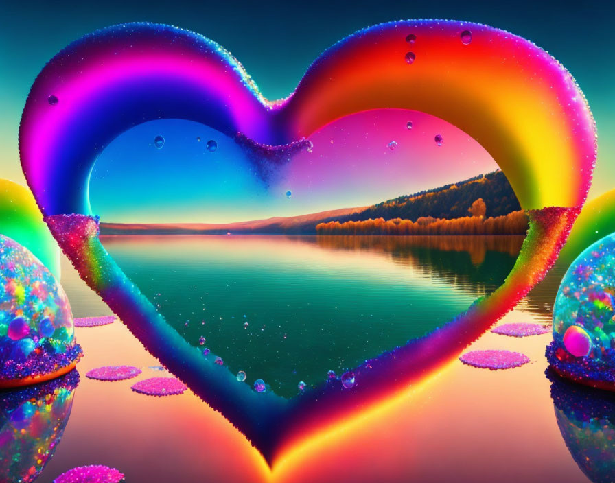 Heart-shaped Frame with Glittery Edge and Sunset Lake Scene