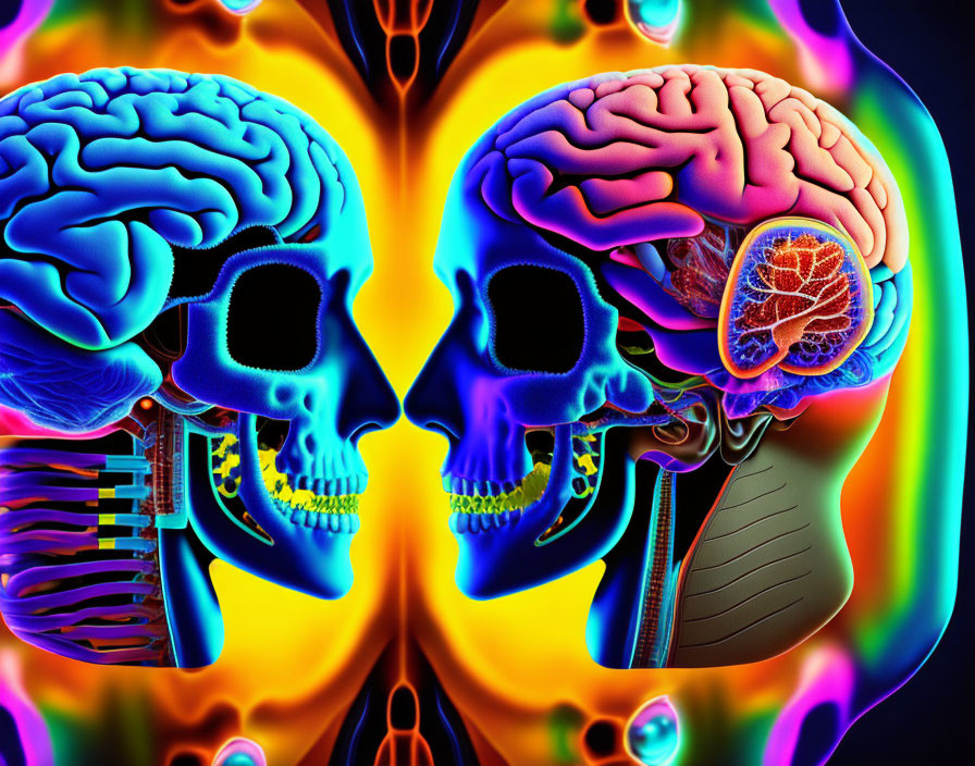 Colorful Brain Cross-Sections & Skull Silhouettes in Artistic Tech Fusion