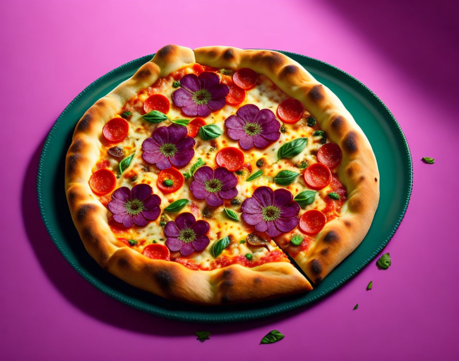 Pizza with tomato, cheese, basil, and purple flowers on green plate