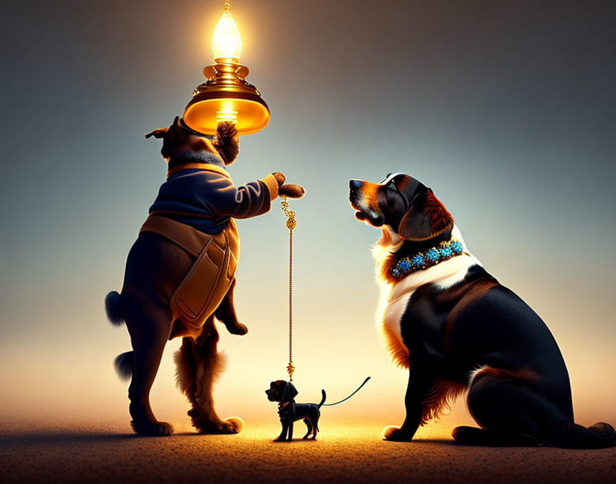 Three dogs in ornate outfits under warm light