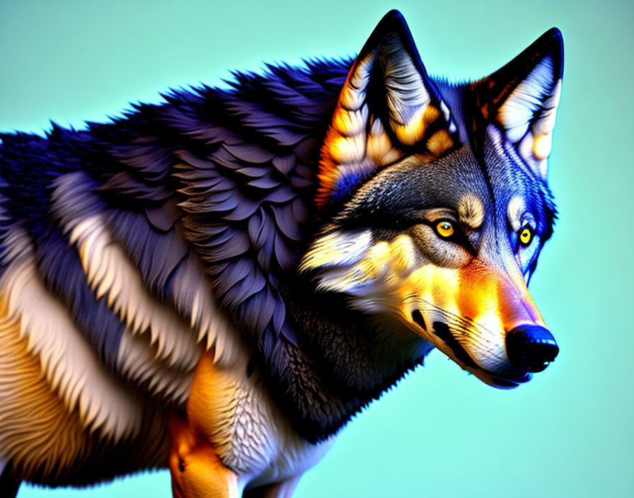Colorful Wolf Illustration with Intense Gaze on Blue Background